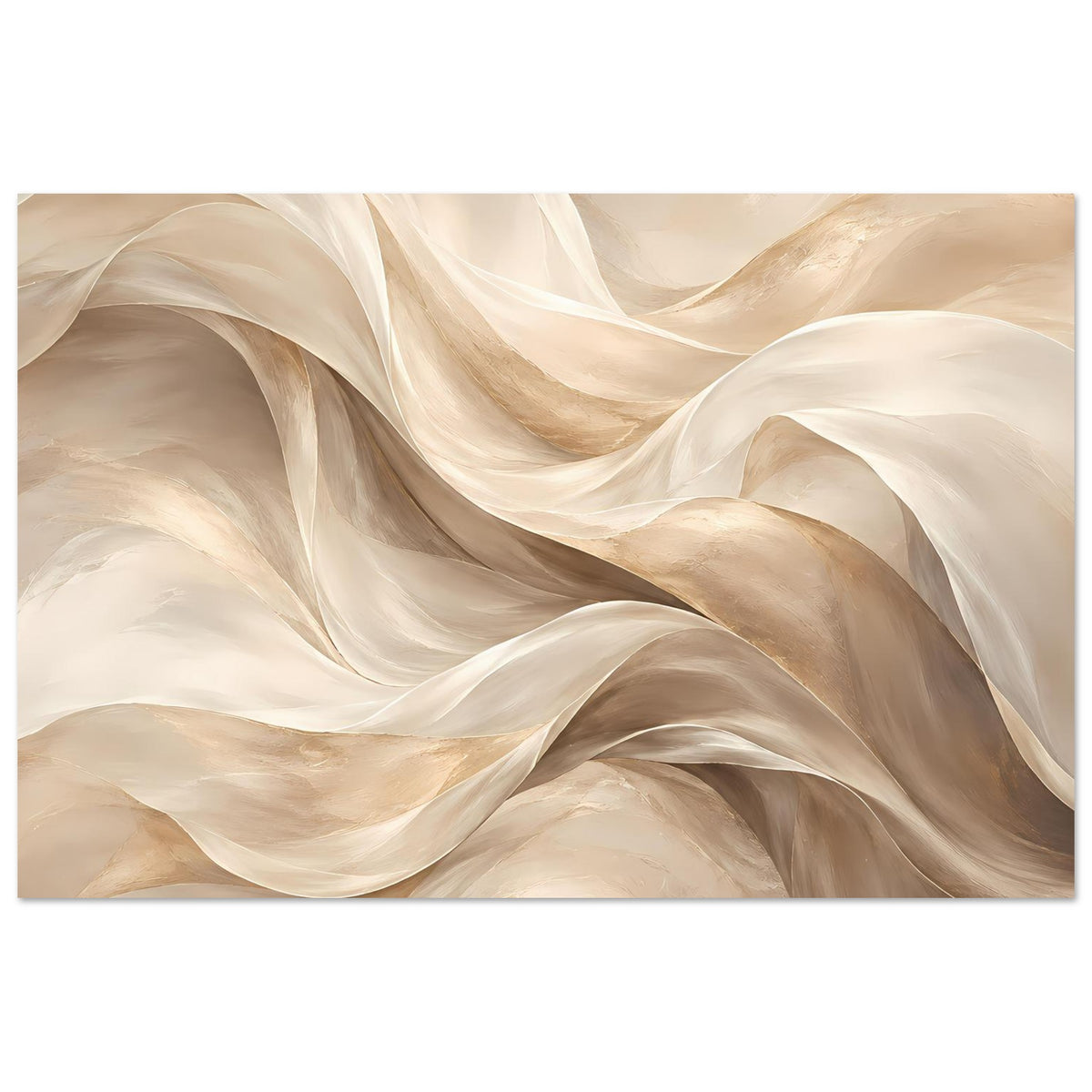 Abstraktes Fluss-Poster, horizontal: fließende Bänder in Creme und Beige mit goldenen Highlights.
