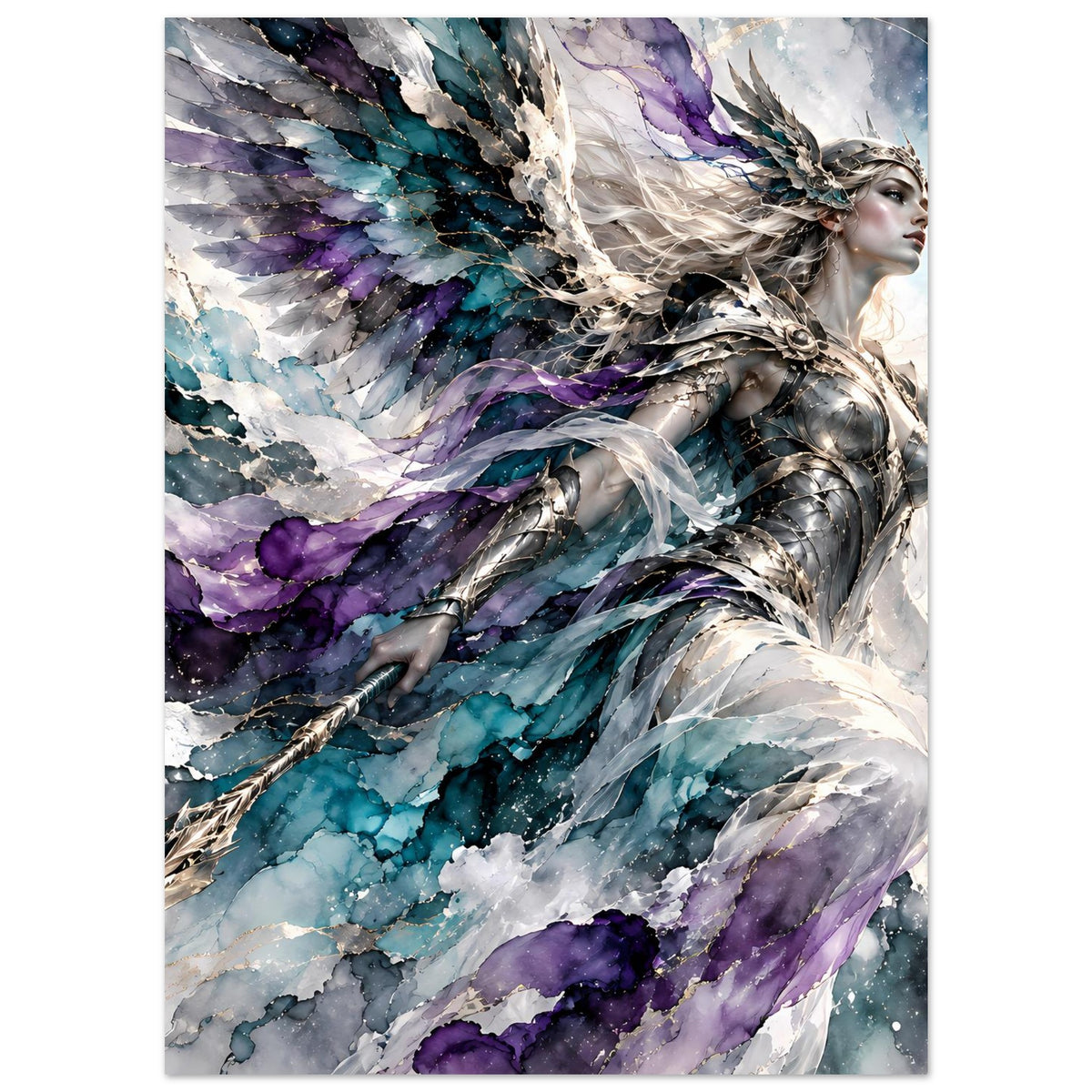 Fantasy-Poster: Kriegerengel in Silber, Flügel mit türkisfarbenen und violetten Farbflecken