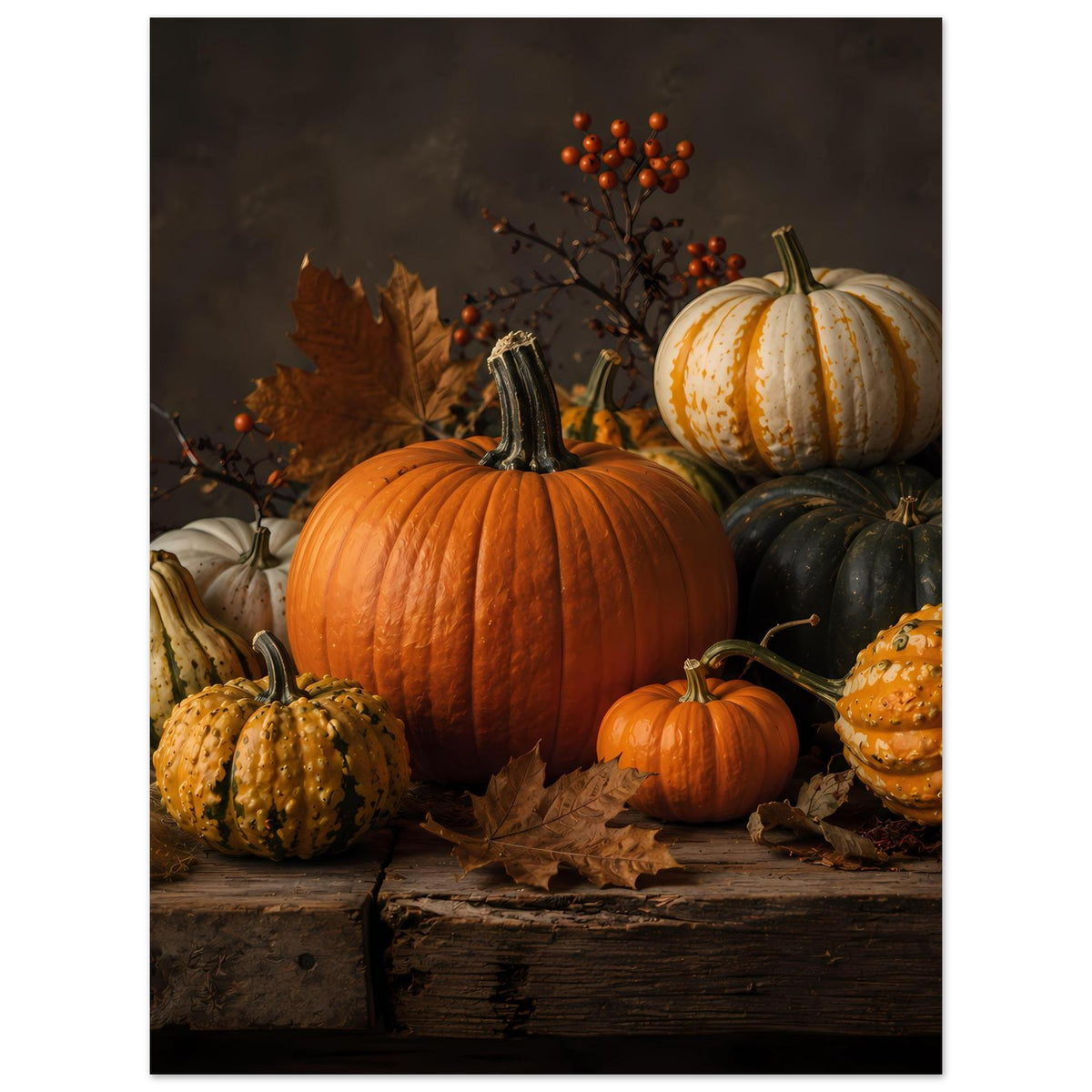 Herbstliche Kürbis-Komposition auf Premium-Poster: orangefarbener Kürbis mit Zierkürbissen