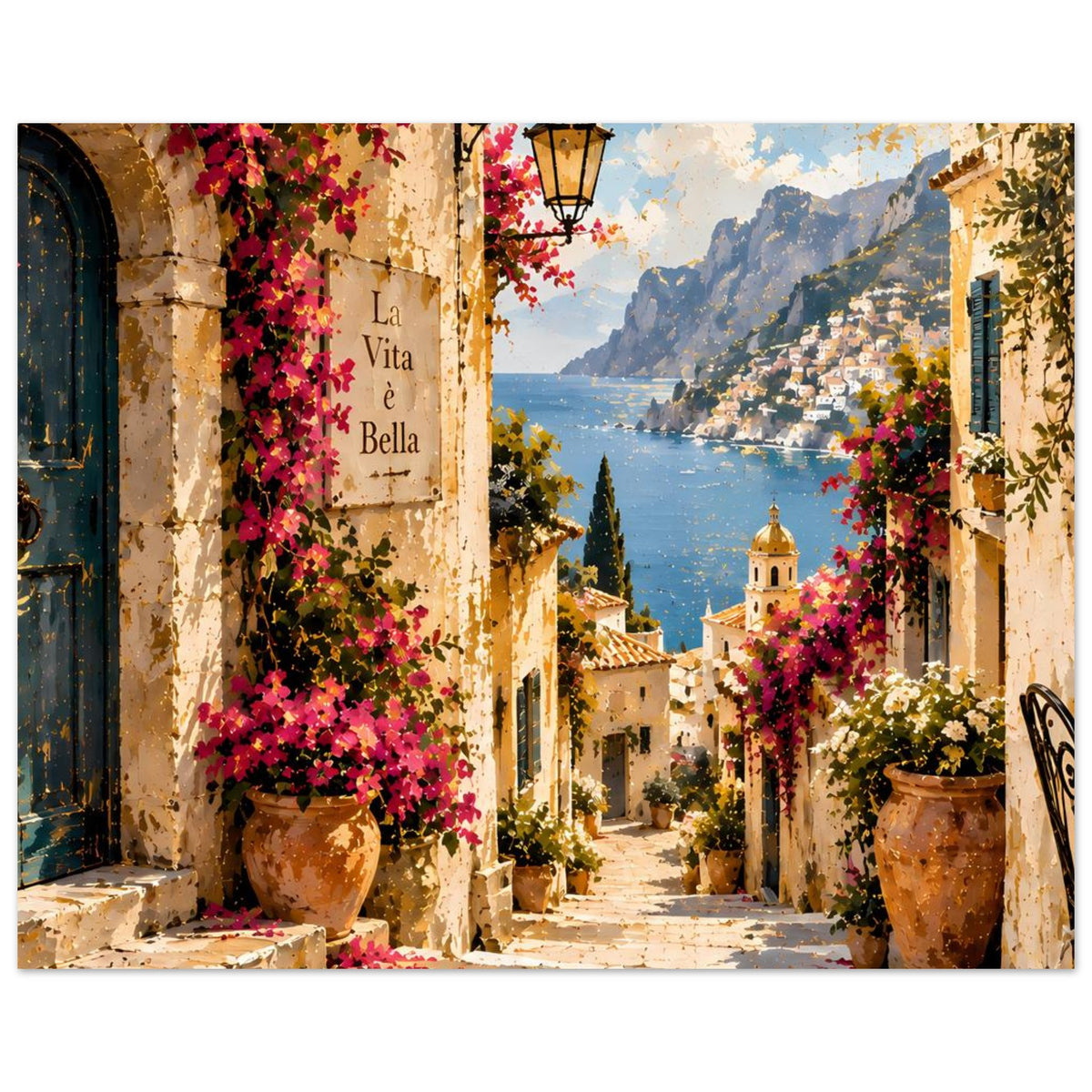 Poster Panorama-Ausschnitt mit breiter Flucht der Gasse und Kirchturm am Wasser