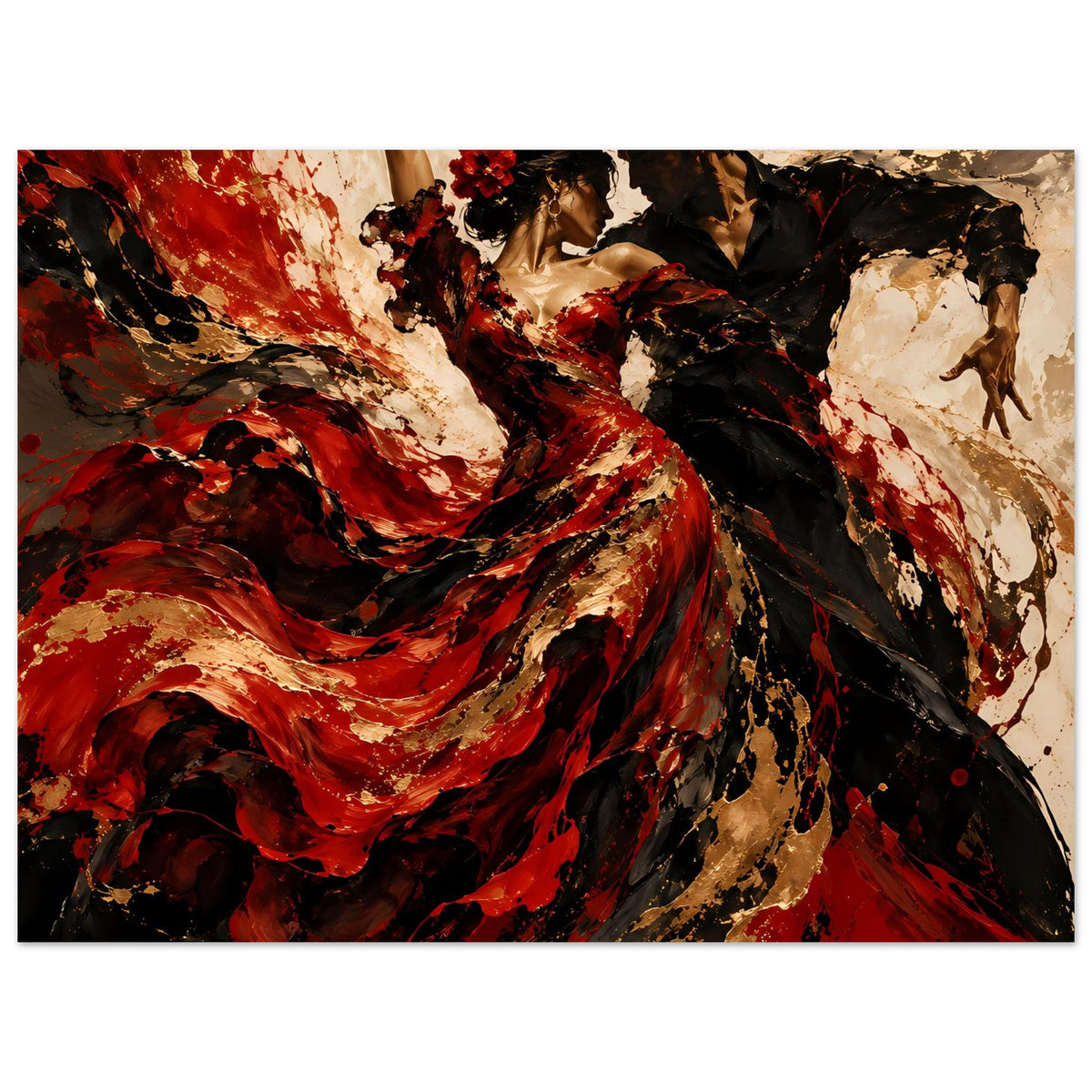Flamenco-Tanz-Poster Panorama: Tänzerpaar in Rot-, Gold- und Schwarz-Tönen