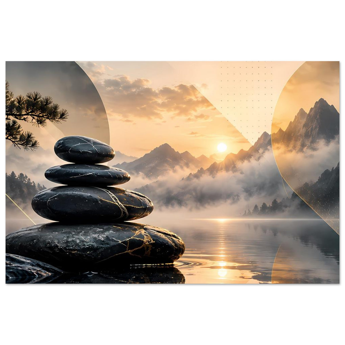 Zen-Kunstposter mit Stapel dunkler Steine links und Bergsonnenaufgang über Nebel, ruhige Spiegelung