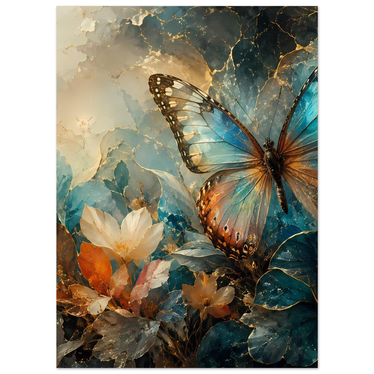 Vertikales Poster mit Schmetterling, blauen Flügeln und weißen Blüten in warmem Gold