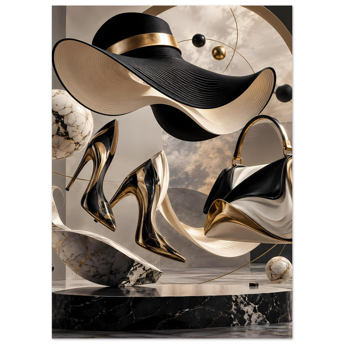 Modekunst-Poster: Handtasche und Schuhe mit goldenen Highlights in Schwarz/Gold