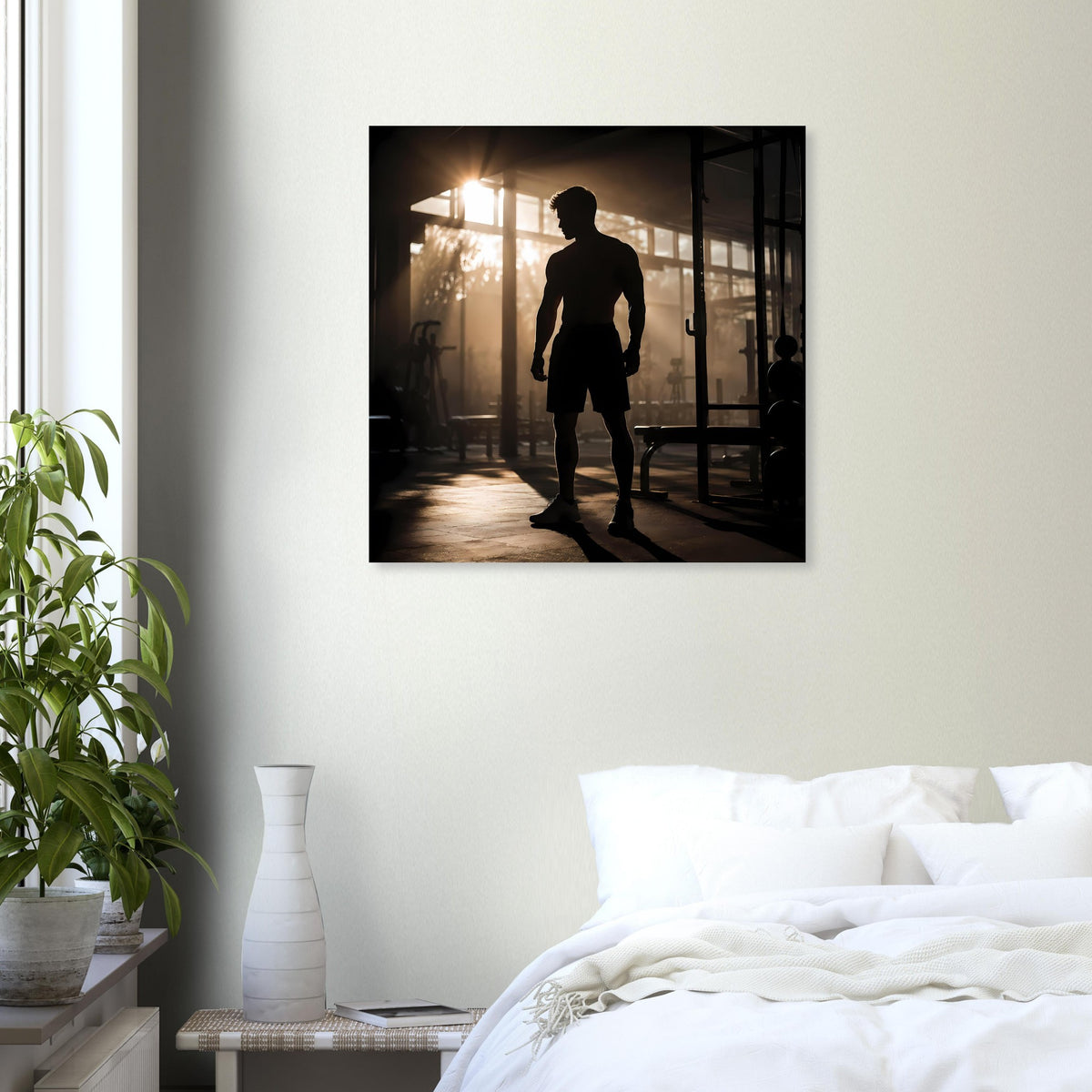Fitness-Poster mit Silhouette eines Läufers, Lichtstrahlen im Hintergrund