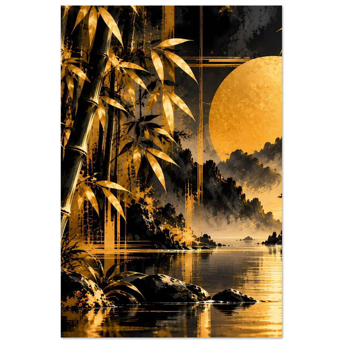 Wandposter mit goldenen Bambusstängeln, dunkler Uferlandschaft und gelbem Mond am Himmel