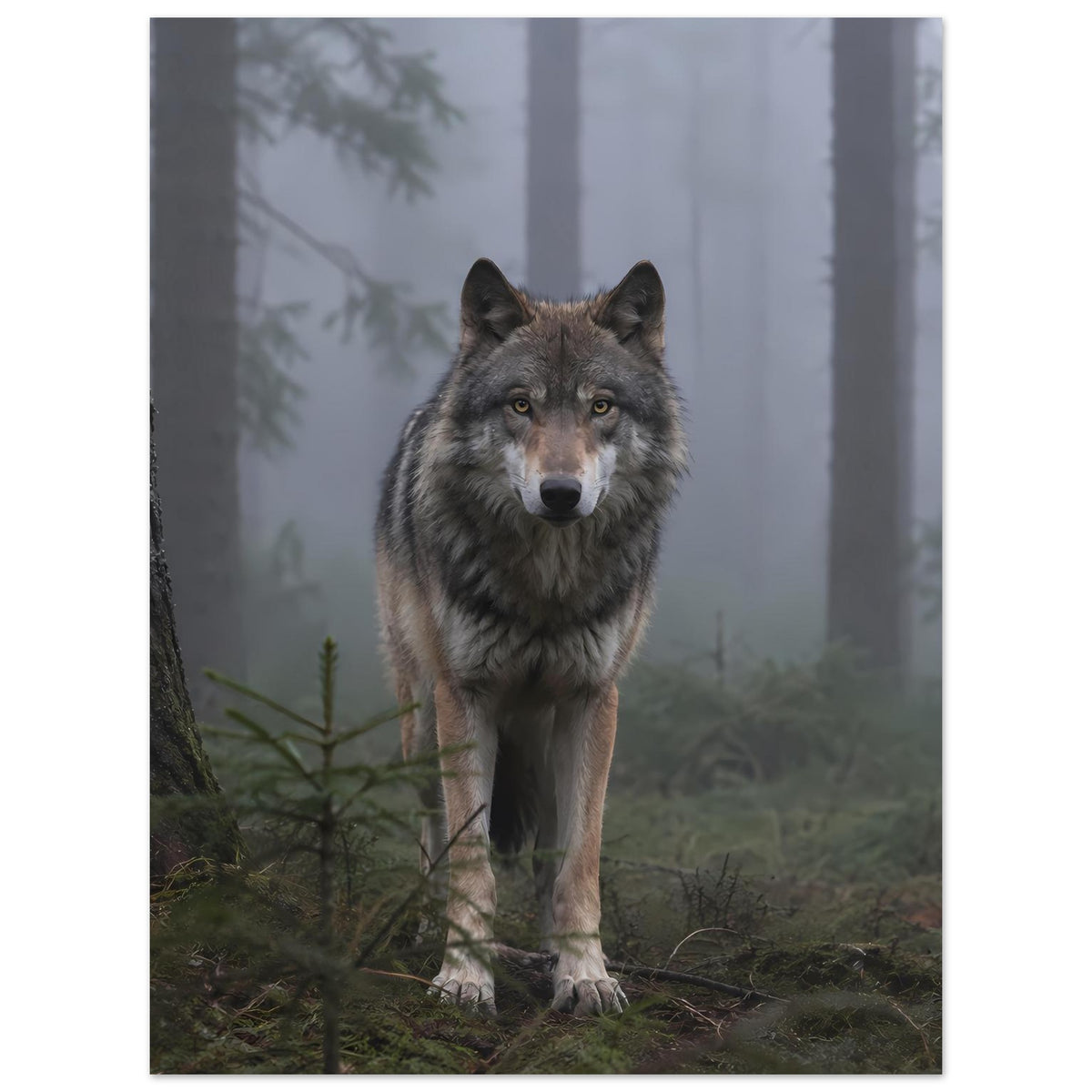 Poster mit grauem Wolf im Nebelwald, frontal blickend, eleganter Druck