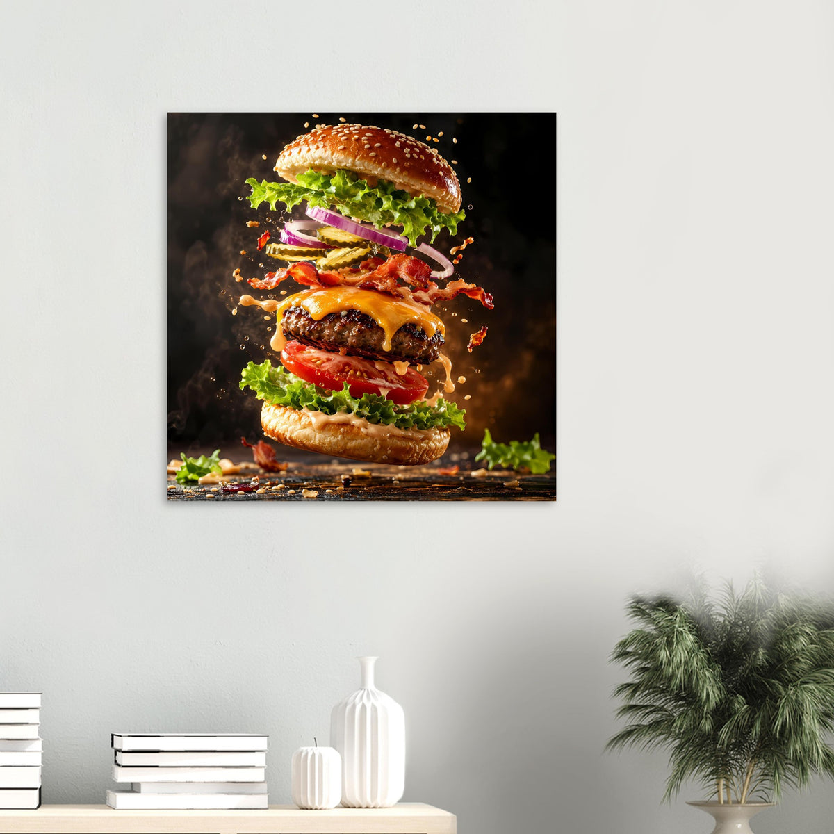 Kleines Burger-Poster im Querformat: Burger mit Käsefäden, Salat und Spritzern