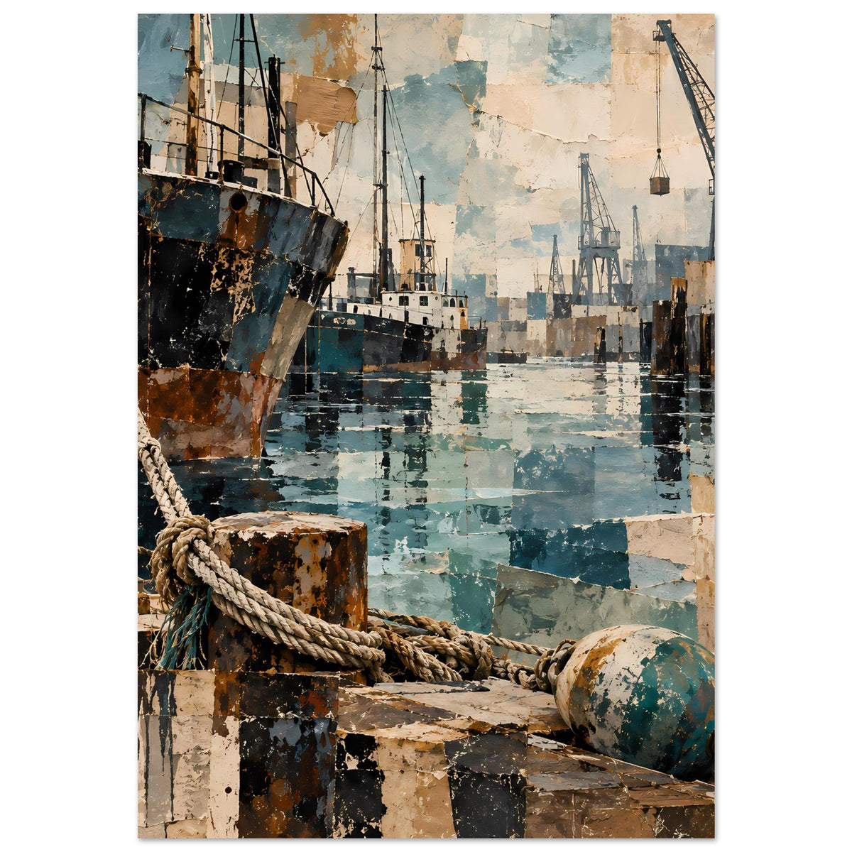 Maritimes Poster: Industriehafen mit mehreren Schiffen und Kränen