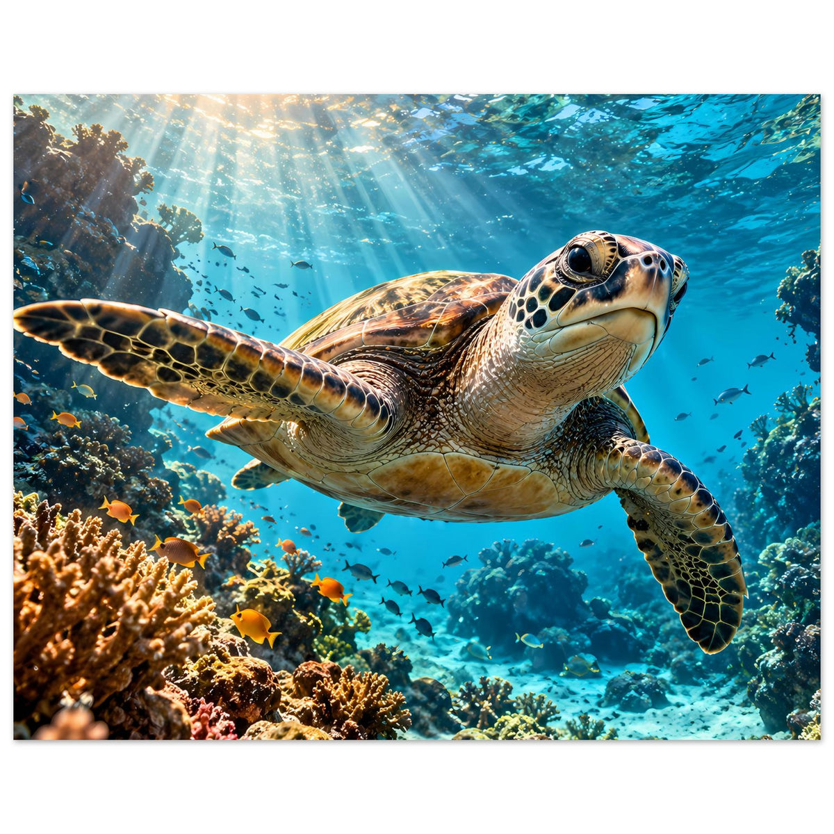 Unterwasser-Schildkrötenposter im Querformat: Meeresschildkröte schwebt über Korallen und Fischen