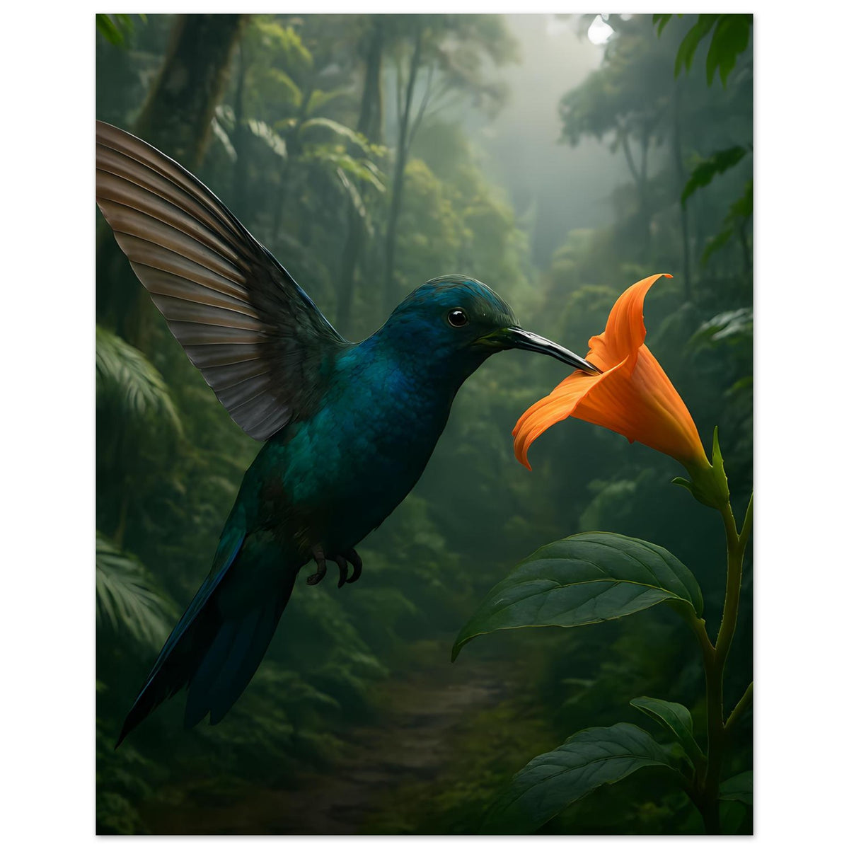 Dschungelposter im Hochformat: blauer Kolibri neben orangefarbener Blüte und großen Blättern