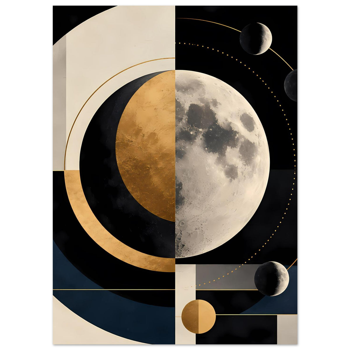 Abstrakter Kunstdruck mit großem Mondkreis, gold-schwarzem Halbmond und mehreren kleinen Planeten