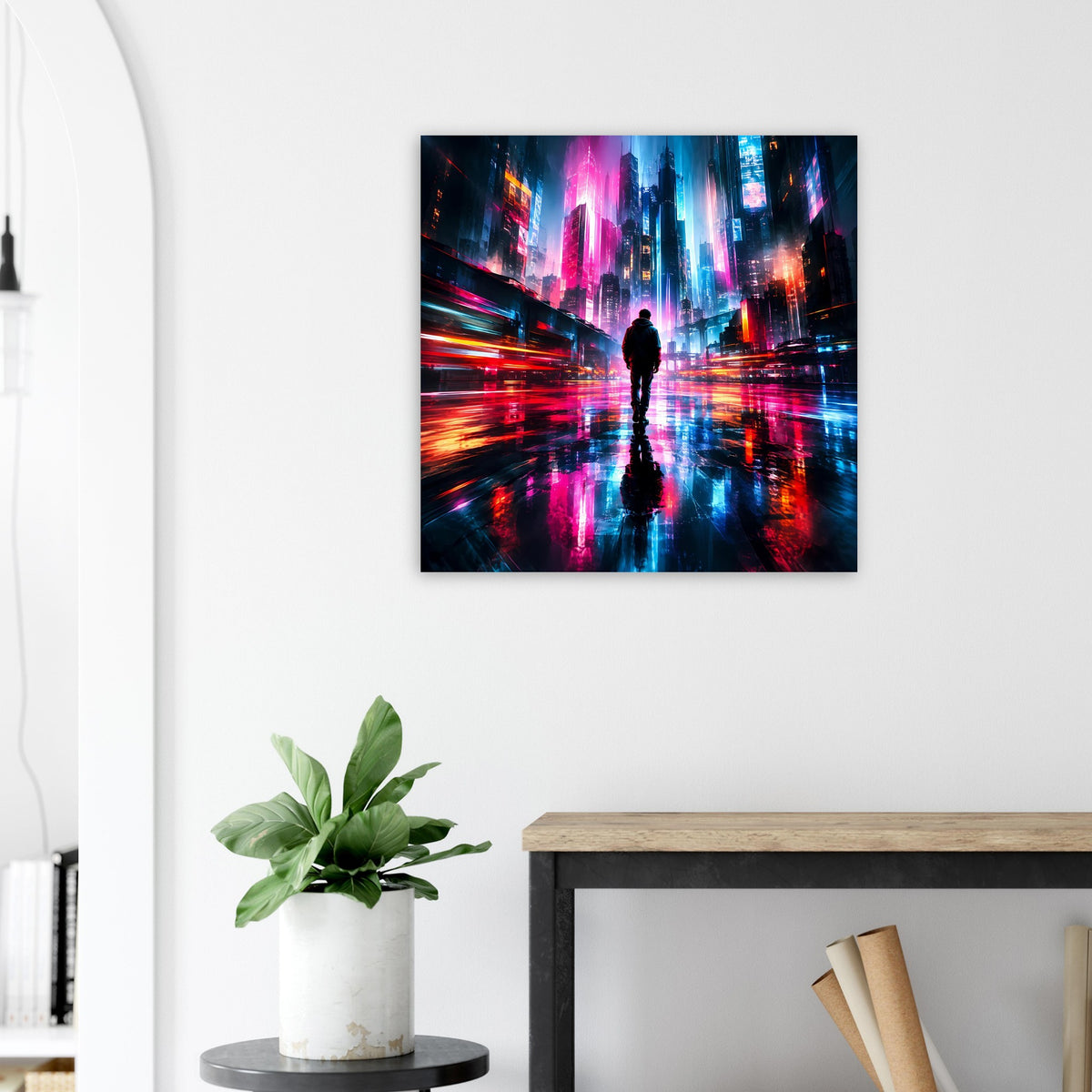 Cyberpunk-Poster mit Neonstraße in Blau, Pink und Orange, stehende Silhouette