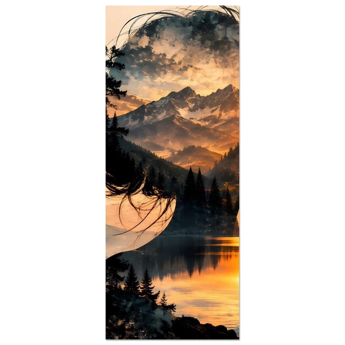 Hochformat-Poster mit Frauensilhouette, Bergsee-Landschaft und Sonnenuntergang, Spiegelung
