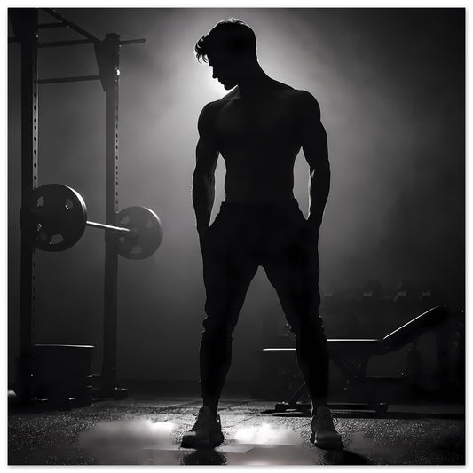 Gerahmter Kunstdruck: Sport-Silhouette eines Mannes im Fitnessstudio, seitlich, Schwarzweiß
