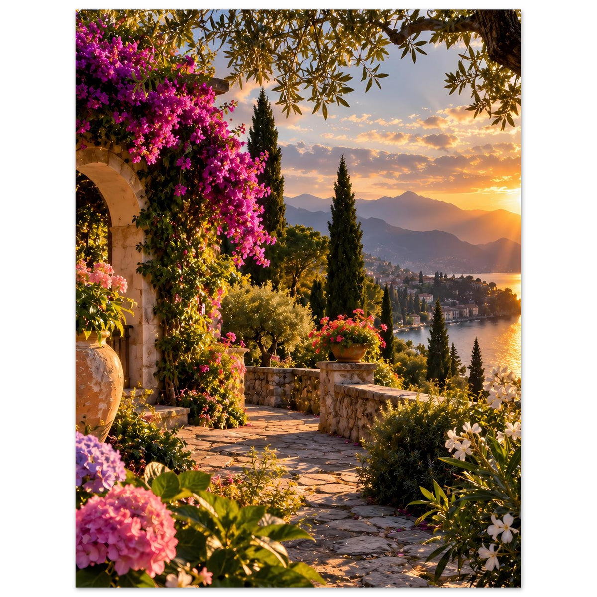 Poster mit Blütenwand und Steinterrasse, Aussicht auf Berge und Sonnenuntergang über See