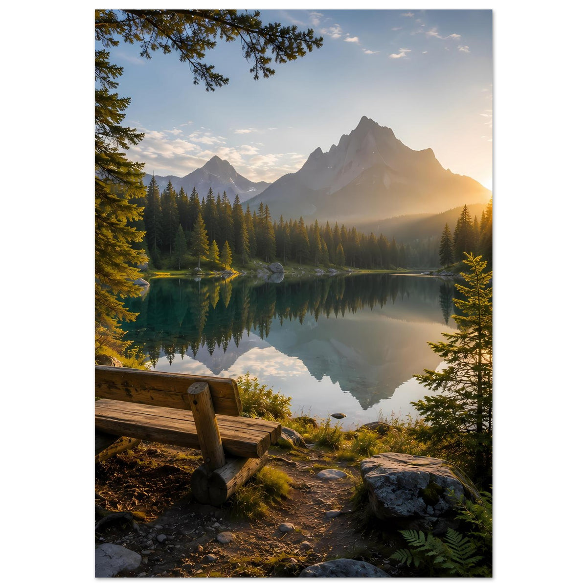 Poster mit Berggipfeln, Wald und spiegelndem See, Holzbank im Vordergrund, helles Abendlicht