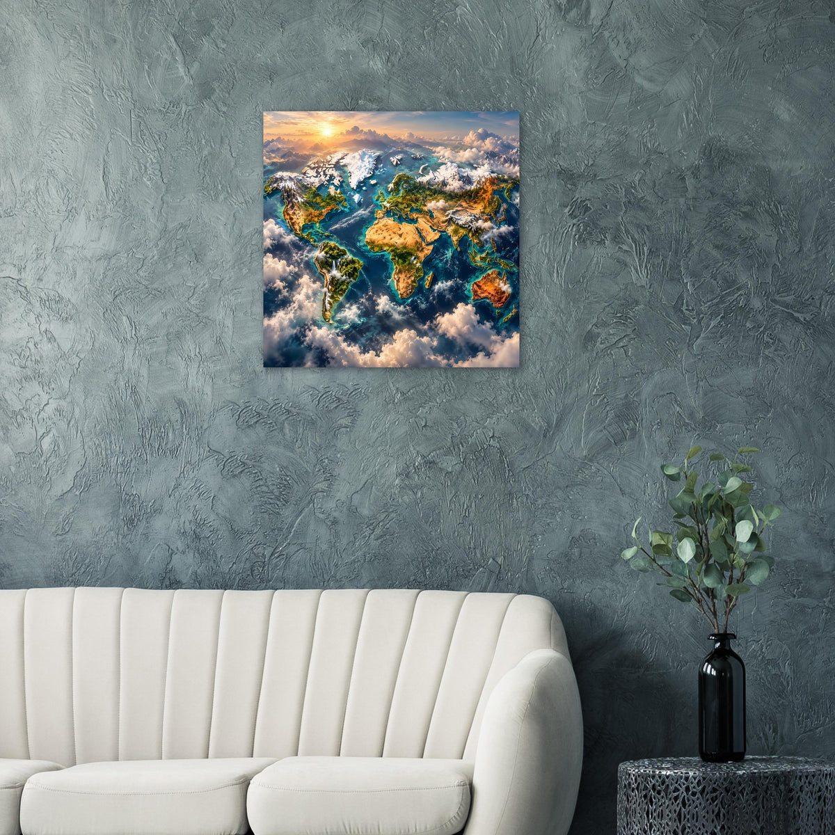 Weltkarten-Poster mit farbenfroher Weltkarte und Wolken, quadratisch, an der Wand montiert