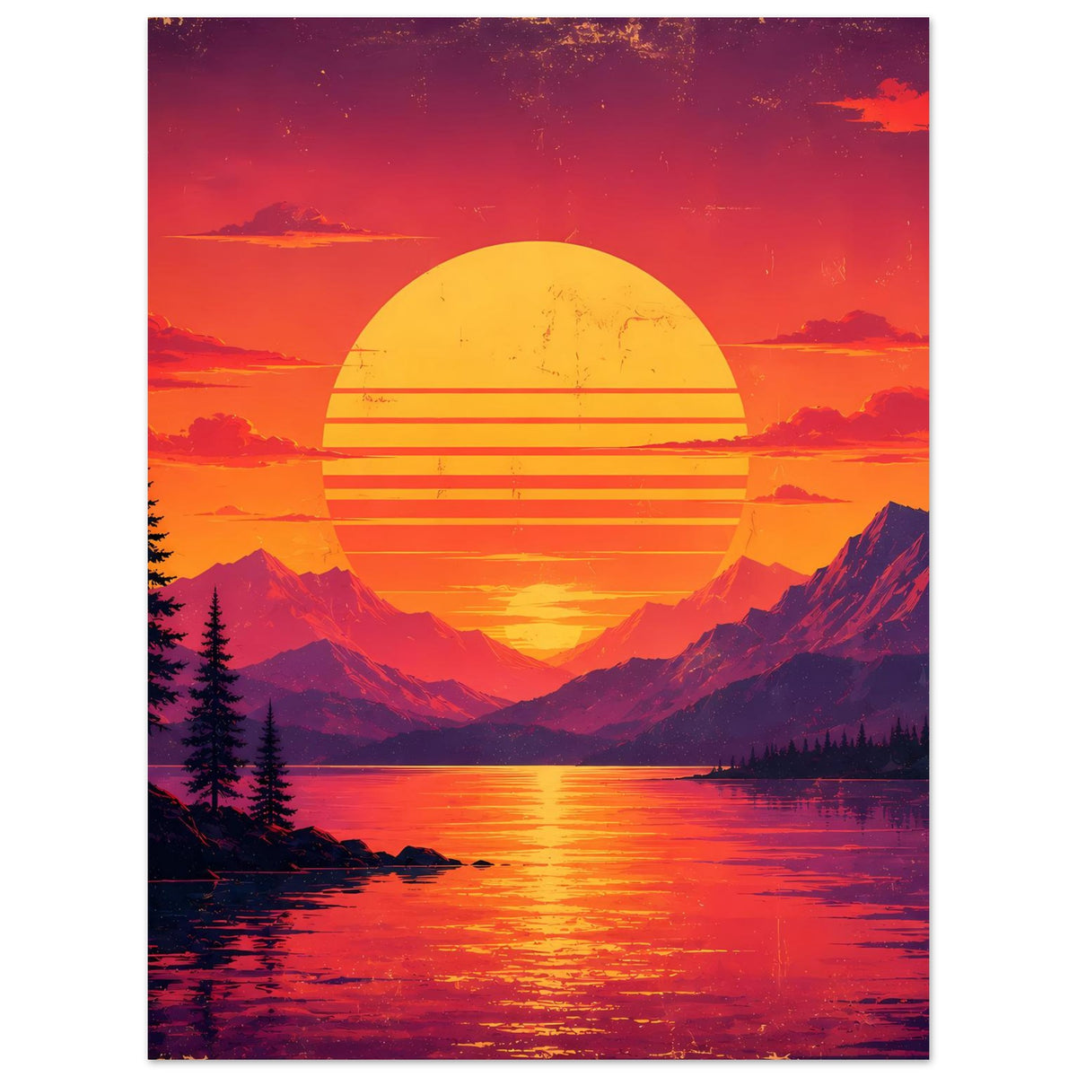 Poster mit Retro-Motiv: Bergsee bei Sonnenuntergang, gelbe Sonne mit Streifen, Tannen.