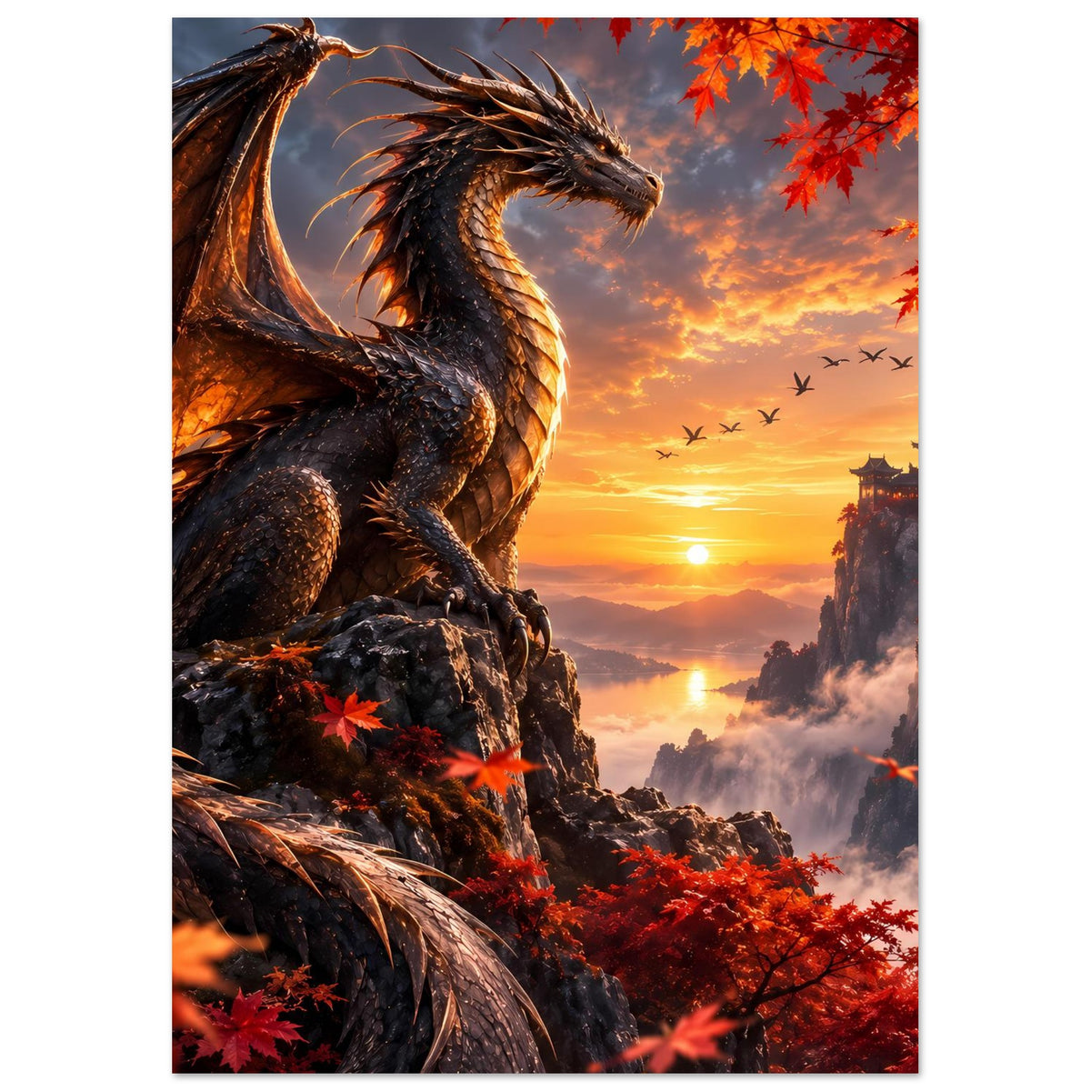 Poster mit Drachen und Tempelturm, orangefarbener Himmel und rotes Herbstlaub