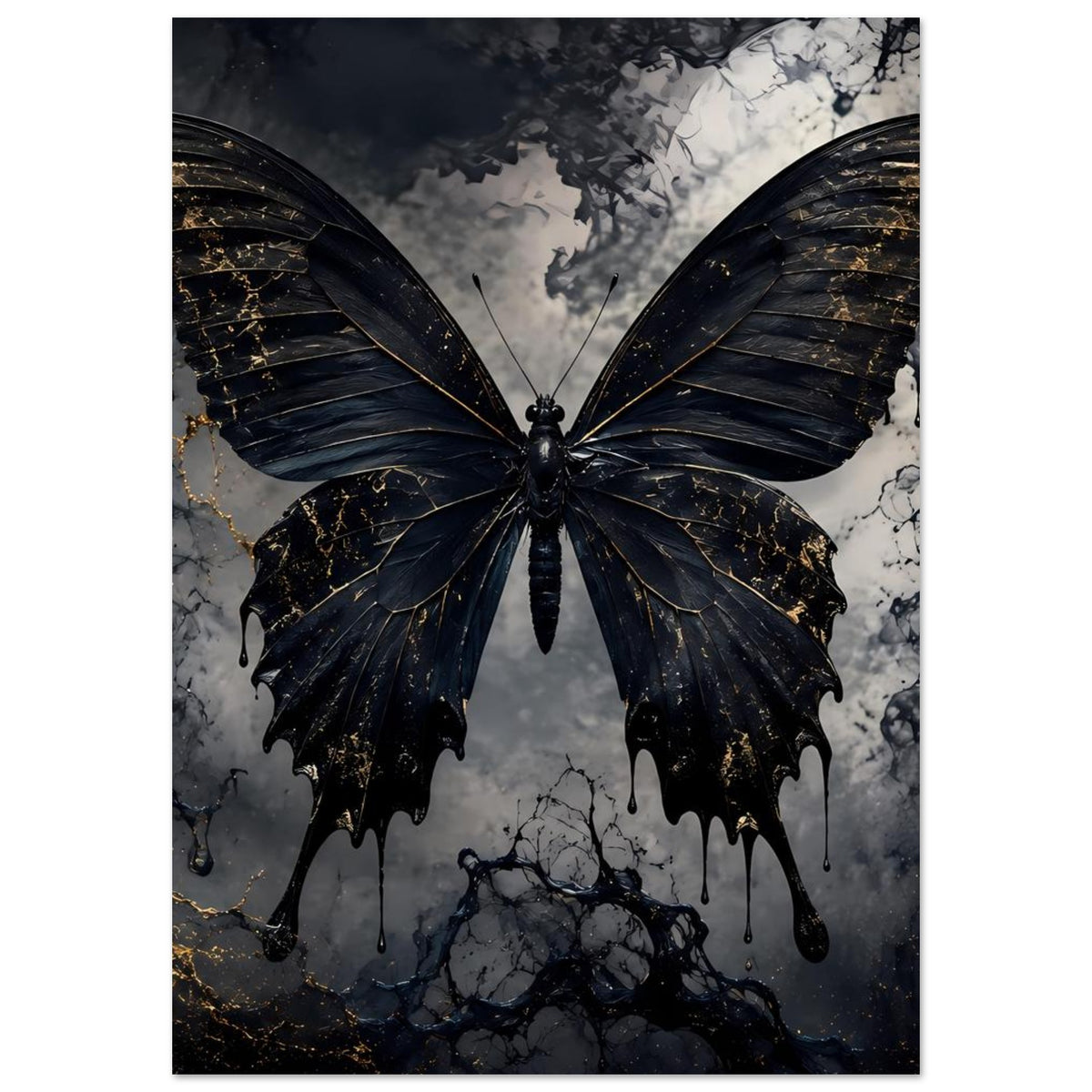 Poster im Hochformat mit schwarzem Schmetterling und goldenen Adern auf marmoriertem Grund