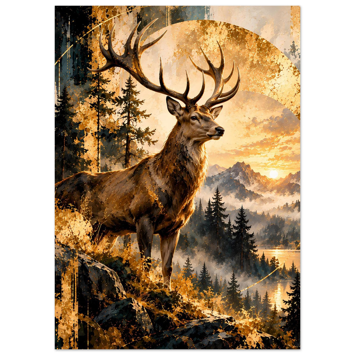 Poster mit Hirsch und Geweih über Waldhang, goldener Sonnenbogen im Hintergrund, im Rahmen