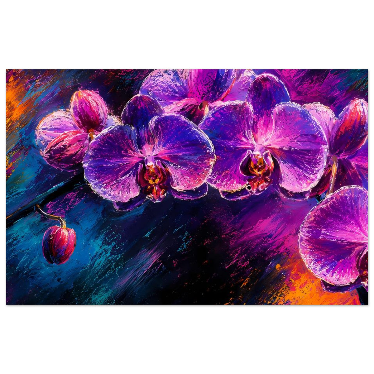Blumenposter mit violetten Orchideenblüten und leuchtenden Farbflecken, im Querformat