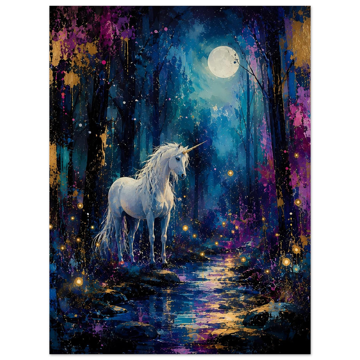 Vertikales Einhornposter mit silbernem Einhorn, Mondschein und funkelndem Sternregen