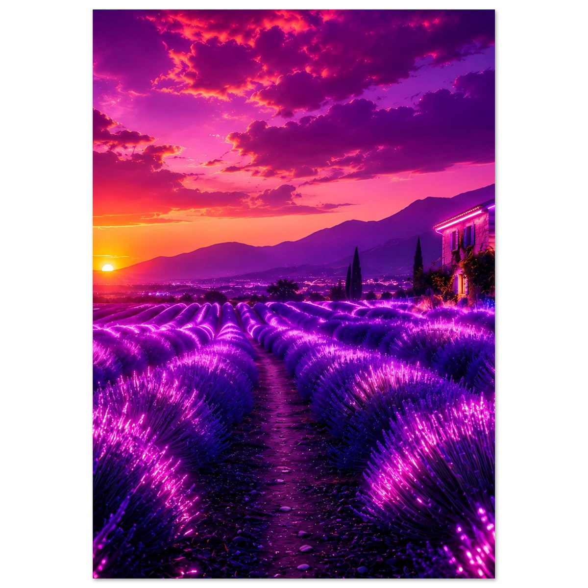 Premium-Poster (Hochformat) mit violett leuchtenden Lavendelreihen und Pfad im Sonnenuntergang