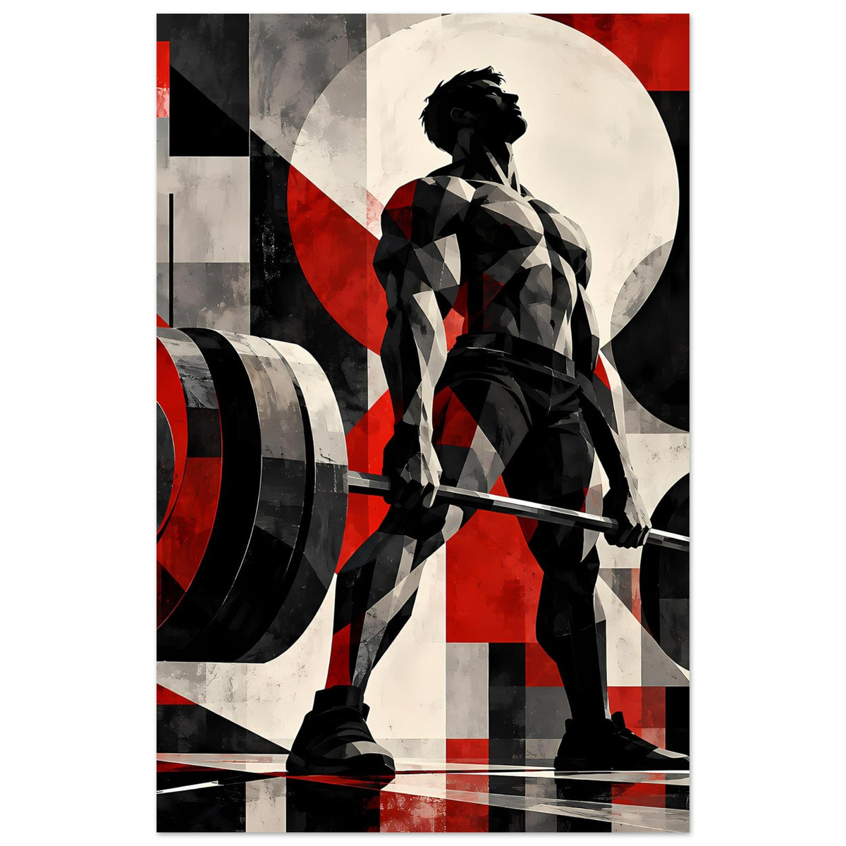 Vertikales Fitnessposter mit Kraftsportler-Silhouette, Hantelstange und runden Scheiben