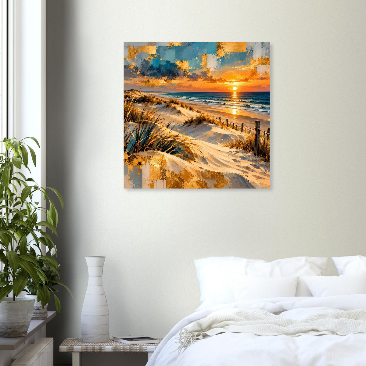 Quadratisches Poster mit Stranddünen, Meeresspiegelung und orangegoldenem Sonnenuntergang