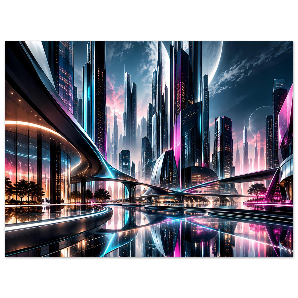 Neon-Stadt-Skyline-Poster, gebogene Architektur, leuchtende Übergänge und Reflexionen