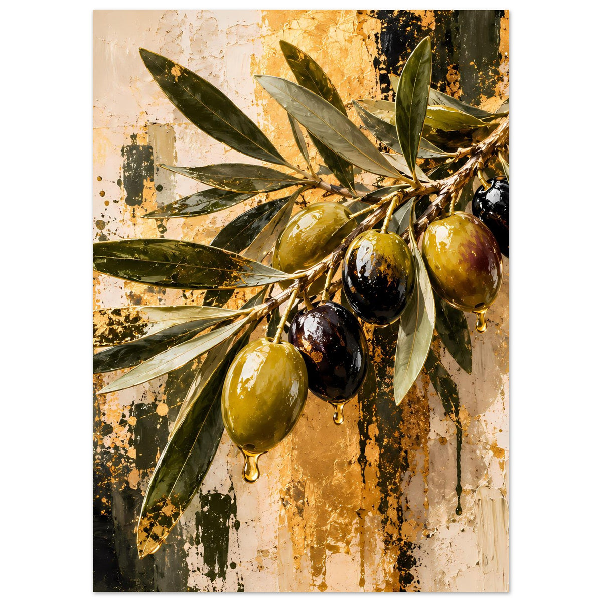 Olivenzweig-Poster mit zentralen Oliven und grünen Blättern; goldene Farbakzente im Motiv