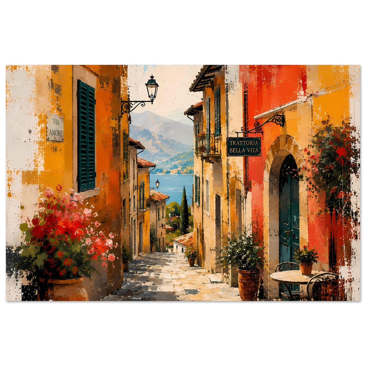 Kunstdruck-Poster mit italienischer Gasse, bunte Fassaden, Torbogen und Sitzgelegenheit