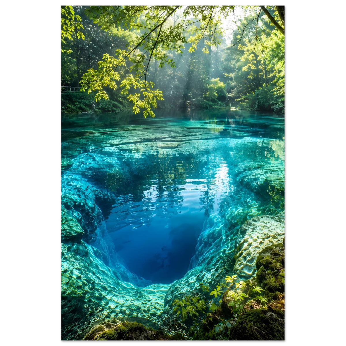 Hochkantiges Poster mit türkisblauem Flussbecken, Felswänden und grüner Baumkrone