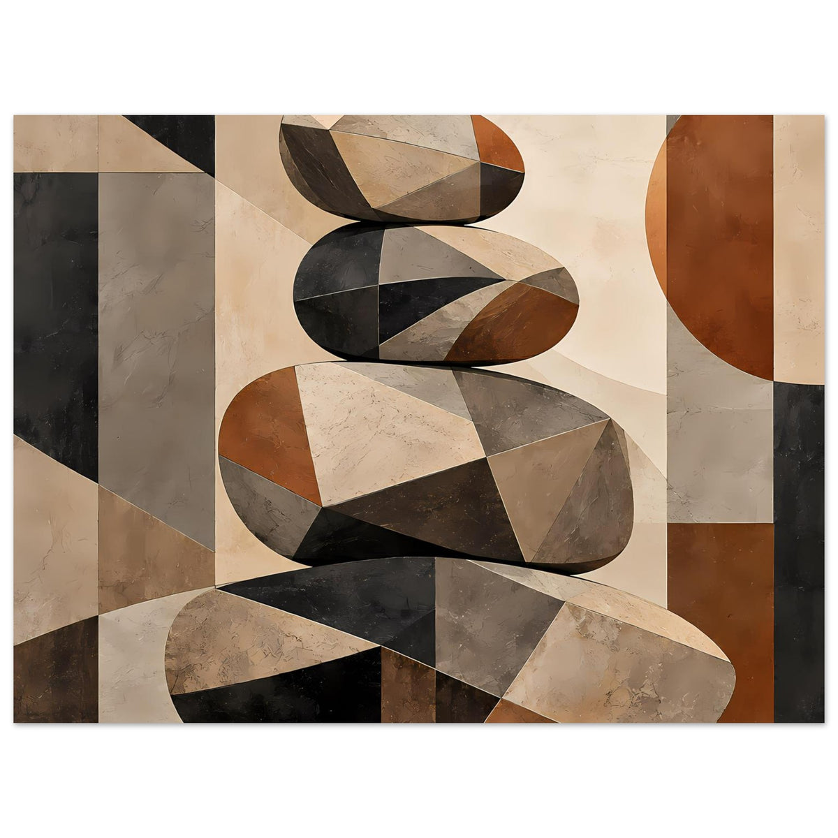 Nahansicht eines Zen-Posters: Steinstapel aus geometrischen Flächen in Erdtönen.