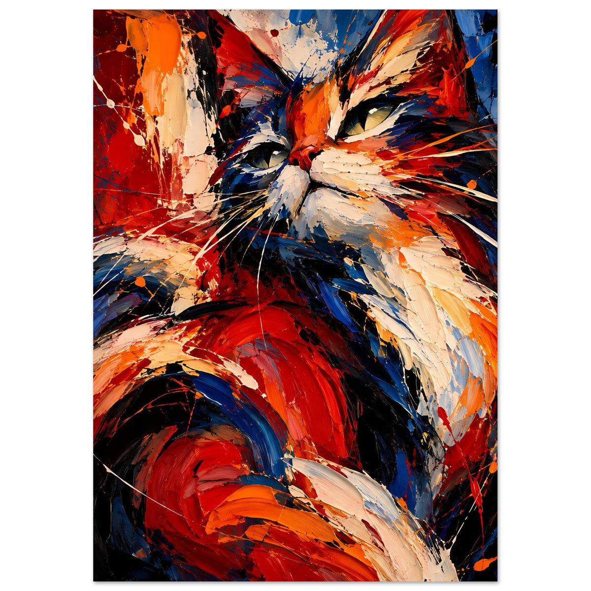 Katzenportrait-Poster mit Pinselstrichen in Rot, Blau, Orange und Creme, Hochformat