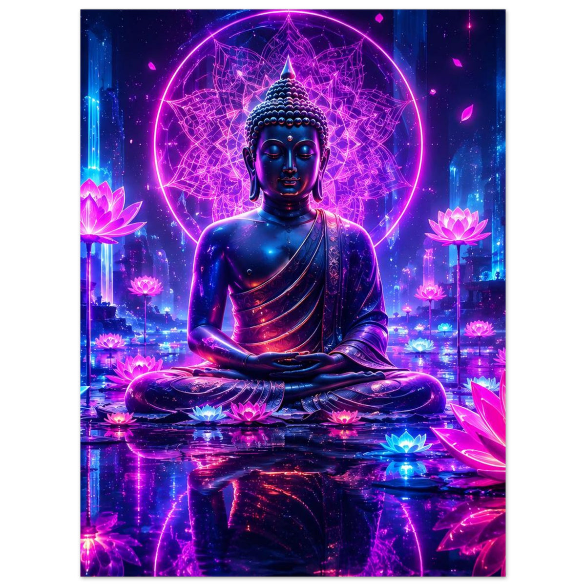 Meditierender Buddha auf Poster: blauer Buddha im Lotussitz, neonfarbener Kreis, leuchtende Lotus