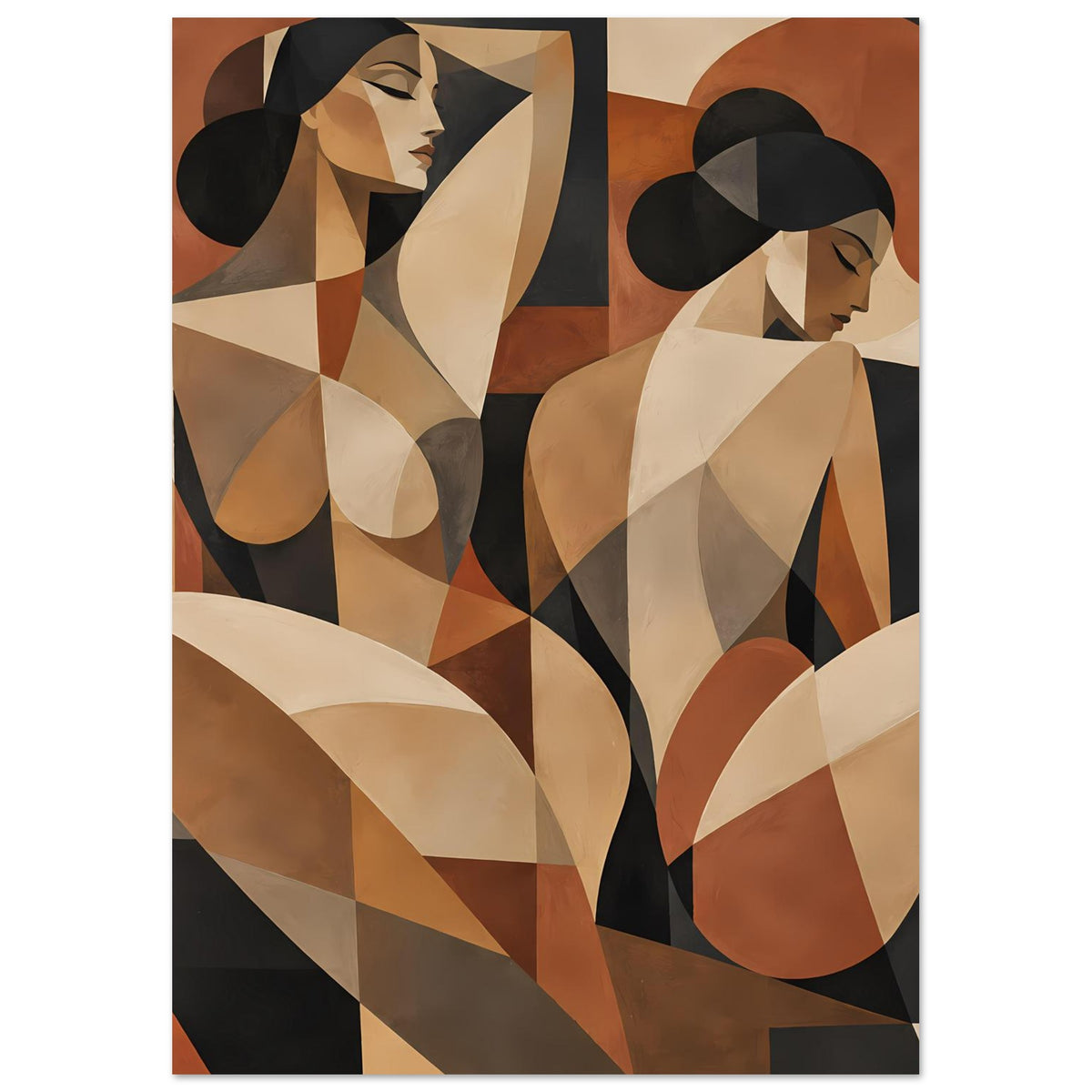 Abstraktes Kunstposter mit zwei Frauen in kubistischen Formen, erdige Farben und Linien