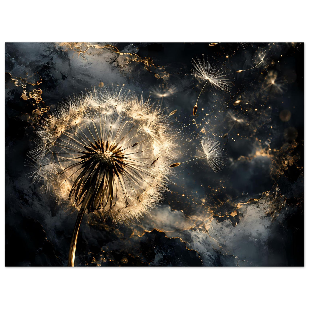 Mattes Poster im Querformat mit Pusteblume, goldenen Sprenkeln und Lichtfäden