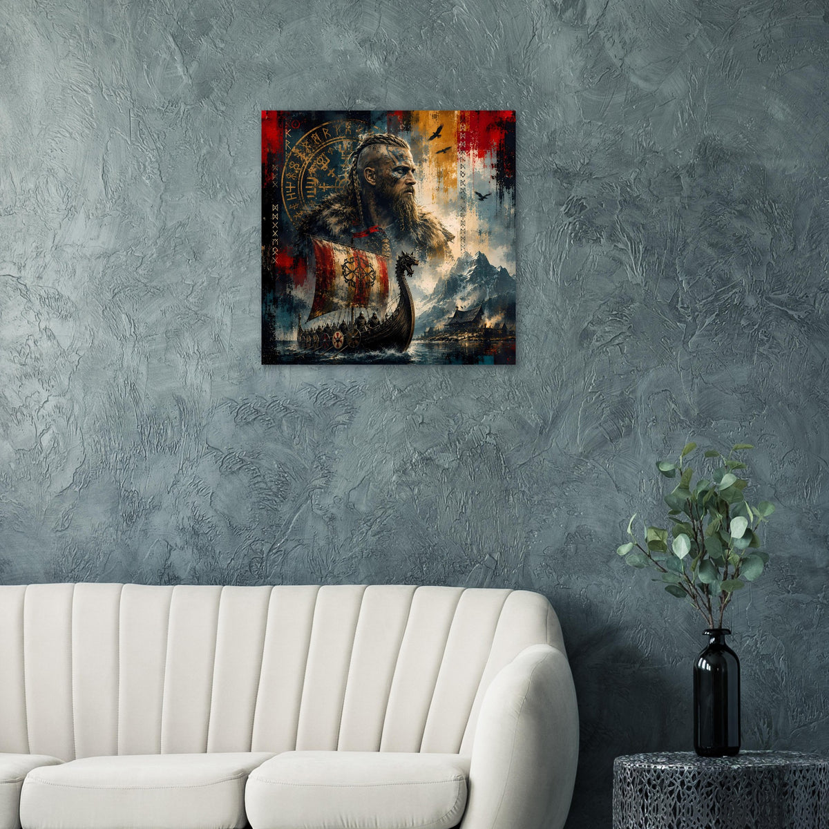 Wikinger-Legende Poster mit Kriegerporträt vor strukturiertem Hintergrund, Blau, Gelb und Rot.