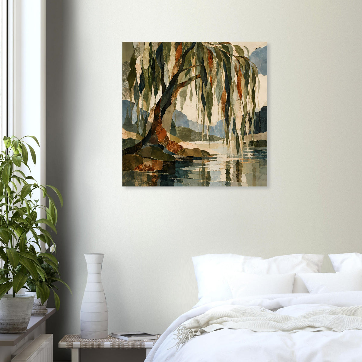 Wandposter mit Landschaftsmotiv: Laubbäume am Seeufer, gedämpfte Herbstfarben