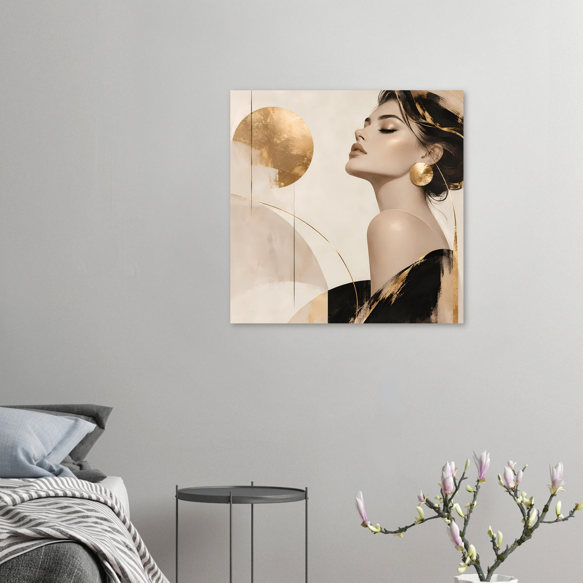 Kleines Poster: Frauenporträt mit goldenen Kreisen und schwarzem Farbverlauf
