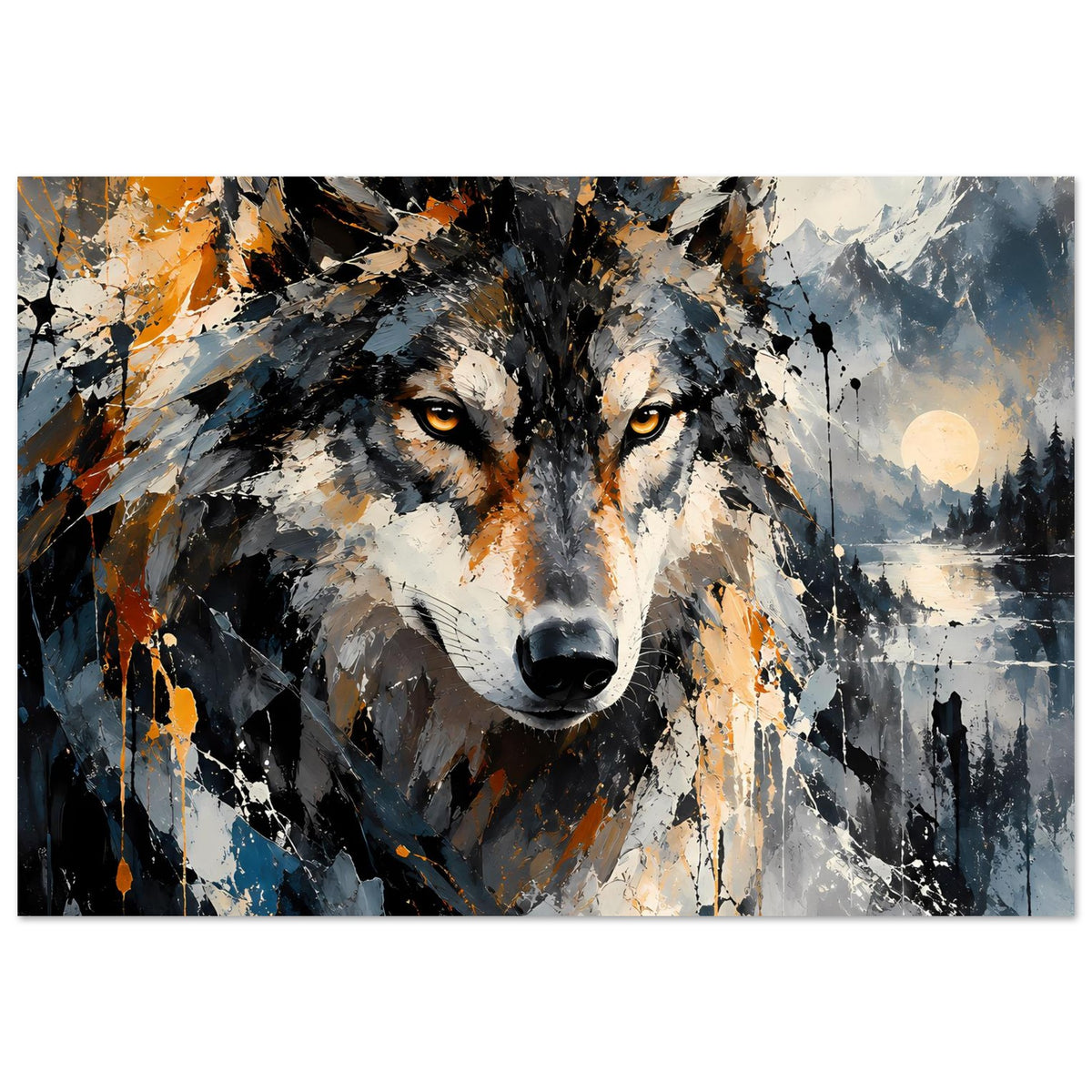 Querformat-Wandposter mit abstraktem Wolf, kräftige Farbspritzer in Grau, Schwarz und Orange