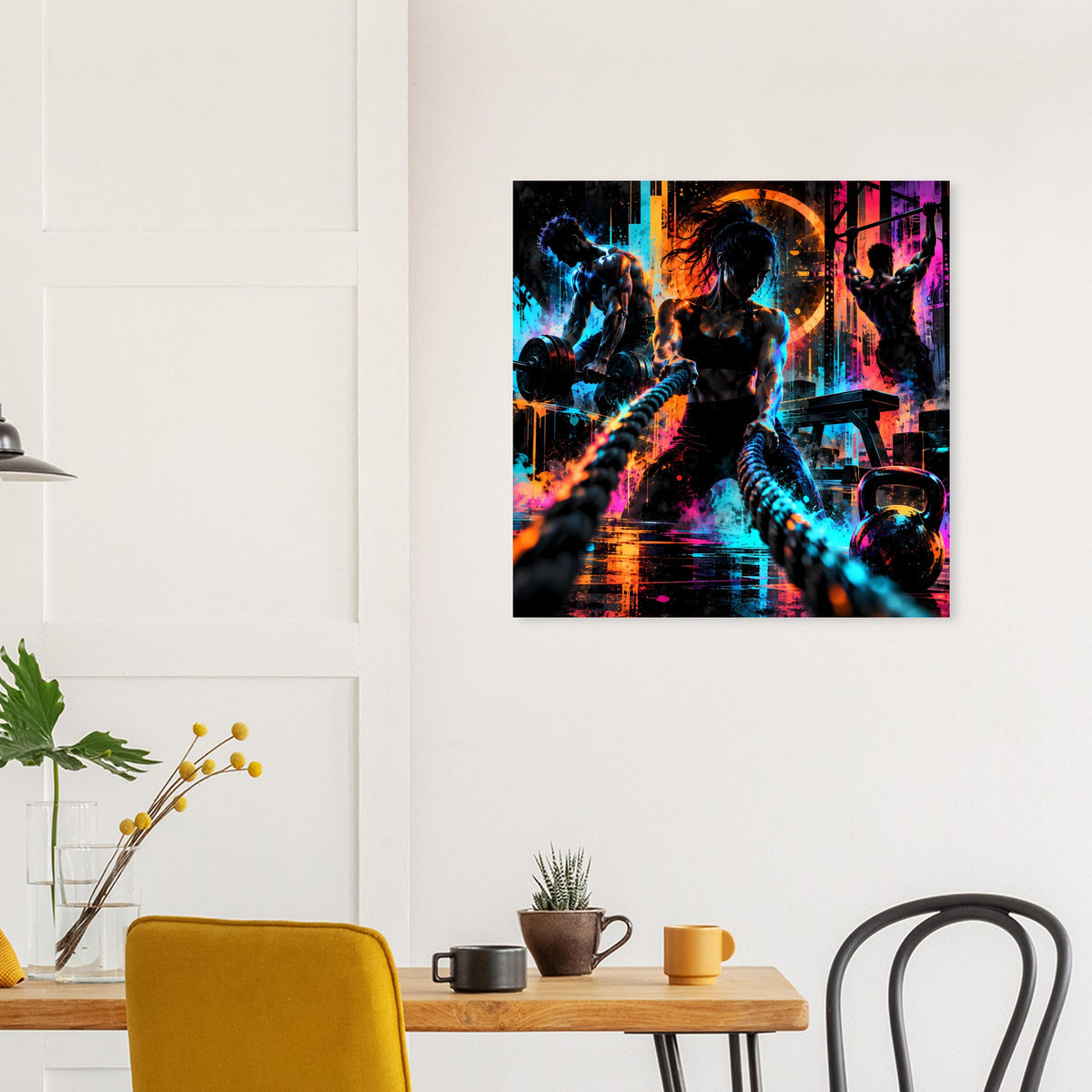 Quadratisches Neon-Fitness-Poster: dynamische Sport-Silhouette, Neon-Look in Blau, Orange und Magenta