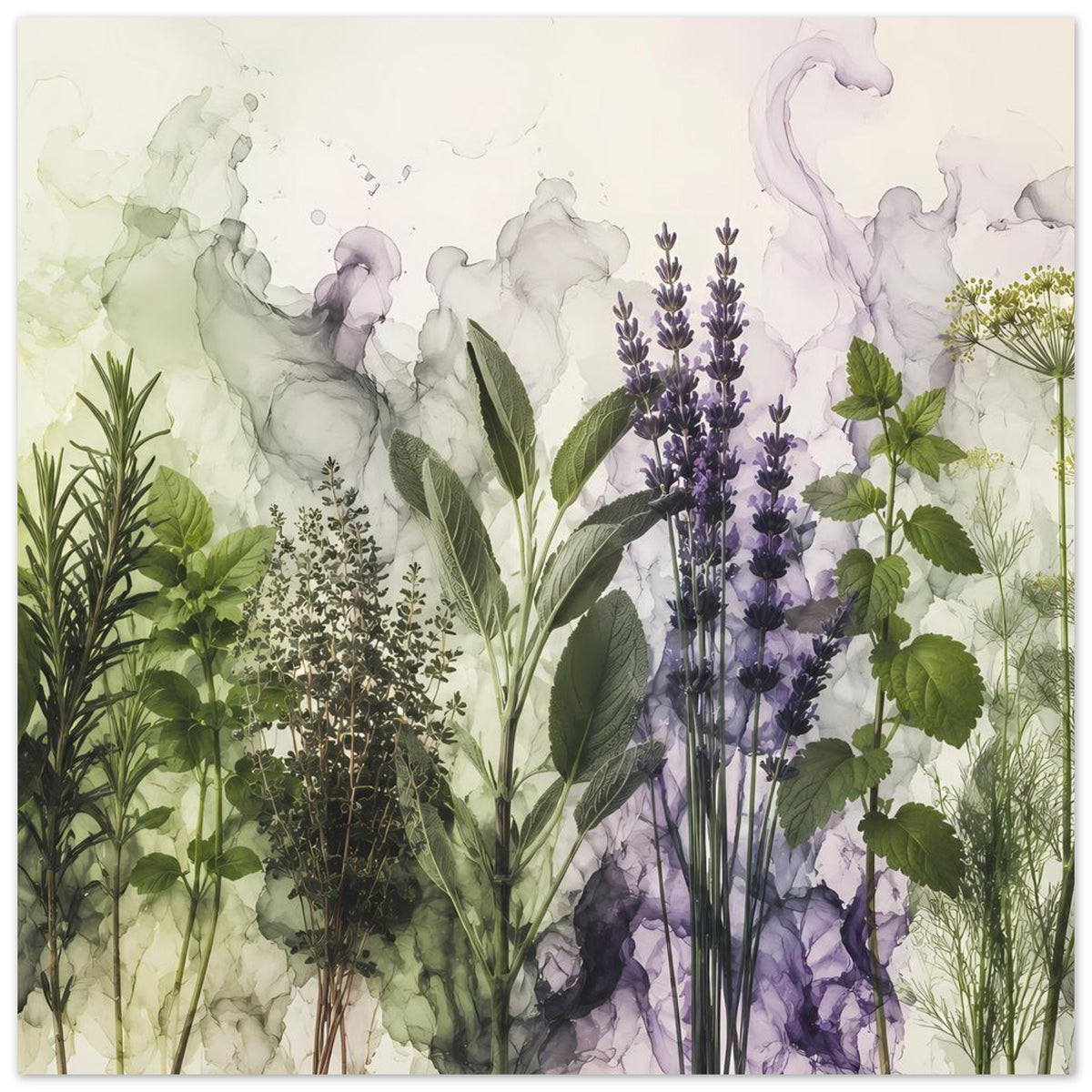 Botanisches Poster mit abstrakten Kräutern in Grün und Violett mit Lavendel