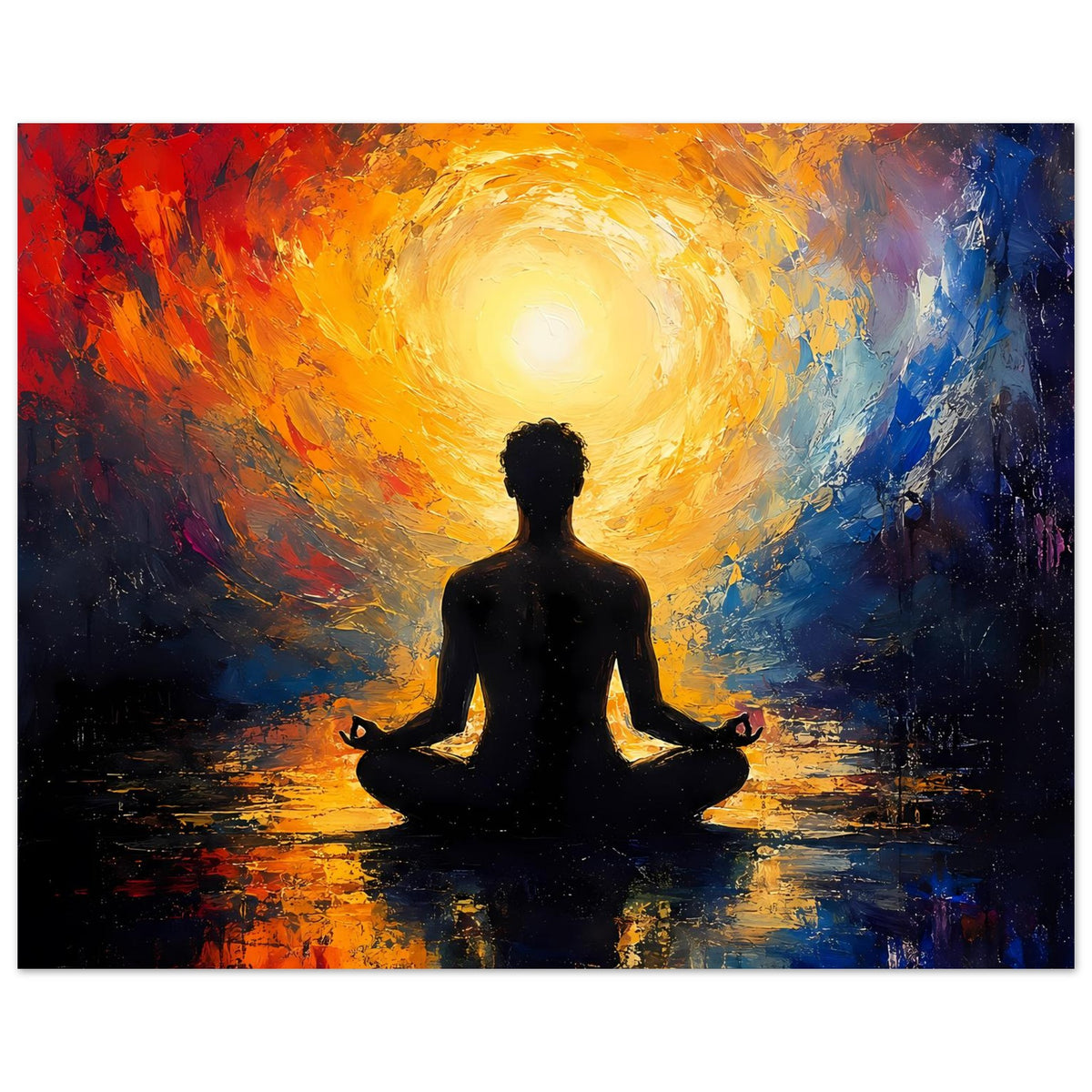 Zen-Poster im Querformat: Meditationsfigur im Lichtkreis über spiegelndem Boden