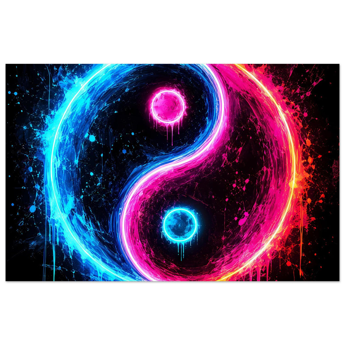 Rechteckiges Poster mit Neon-Yin-Yang in Blau und Pink, umrandet von Farbspritzern