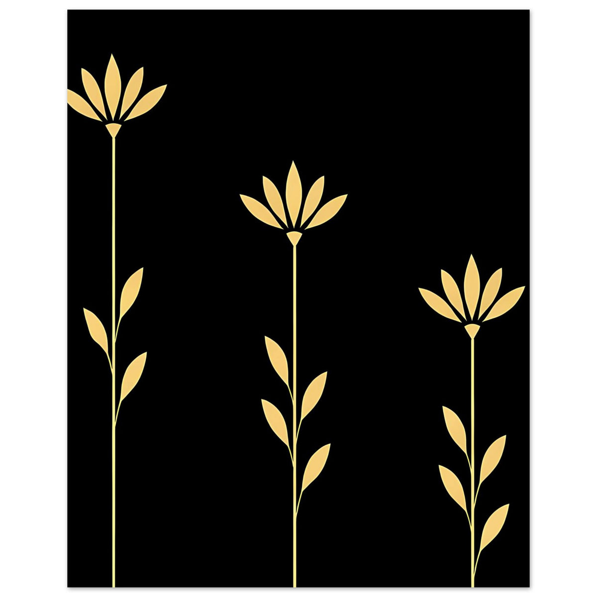Vertikales botanisches Poster mit goldenen Blütenranken auf schwarzem Grund