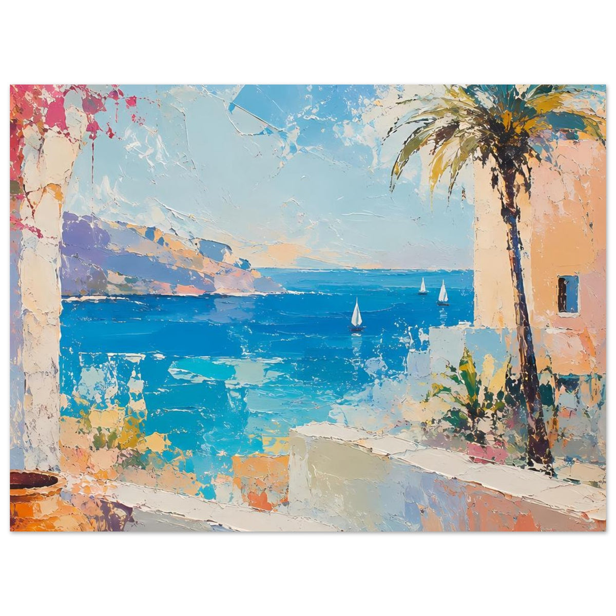 Sommerposter mit Küstenblick, Palme rechts, Segelboote am Horizont und Steinwand im Vordergrund